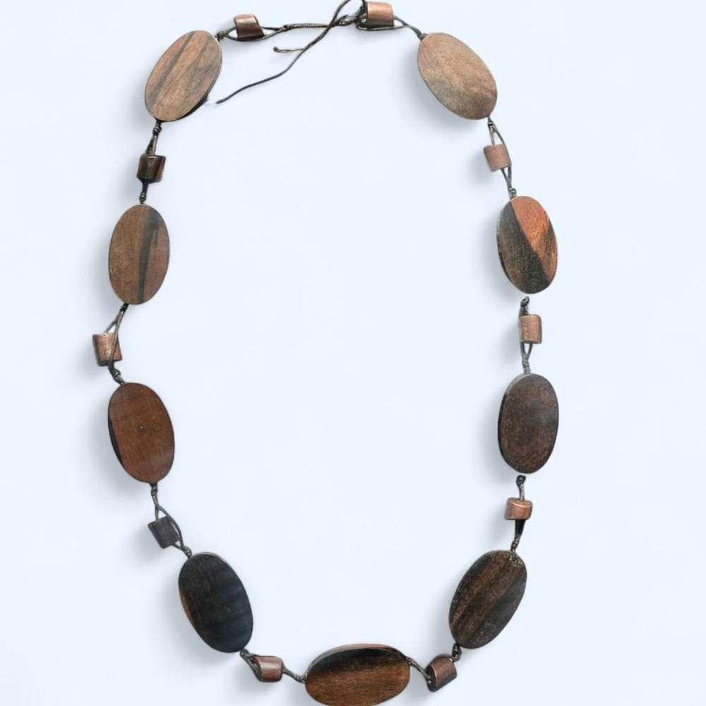 Vintage Handmade Brown Oval Wood Beaded Necklace